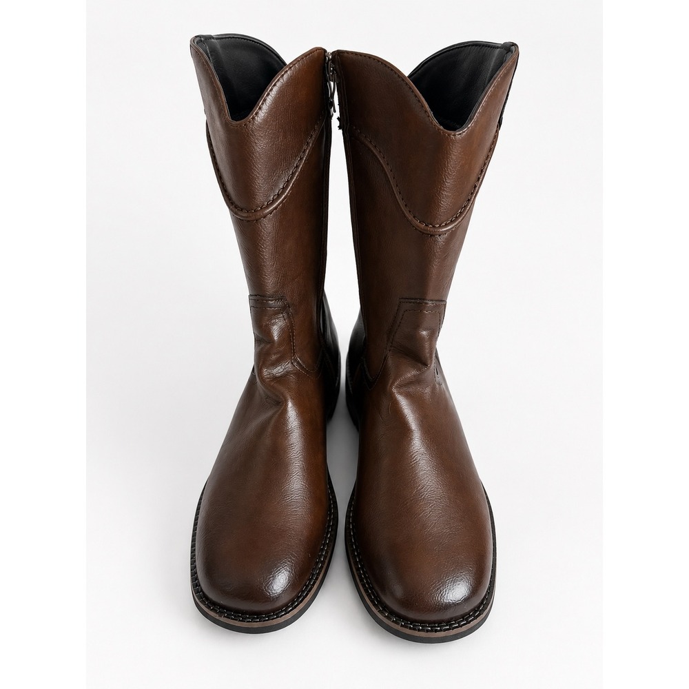 Mens Brown Faux Leather Mid-Calf Western Boots Round Toe Side Zip Size 44